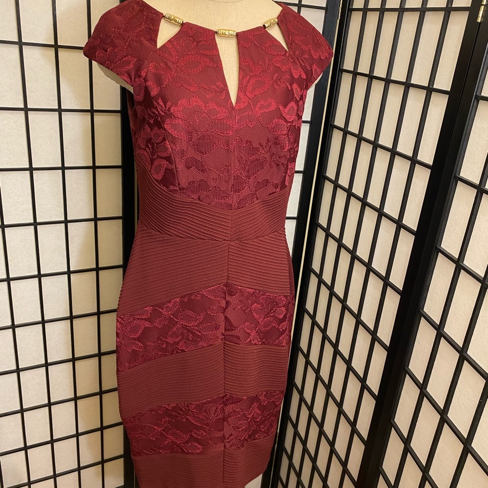 Elegant Red Sheath Midi Dress with Crew Neck